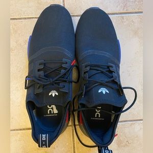 Men’s worn Addidas cloud monster black sneakers size 14 with blue & red accents